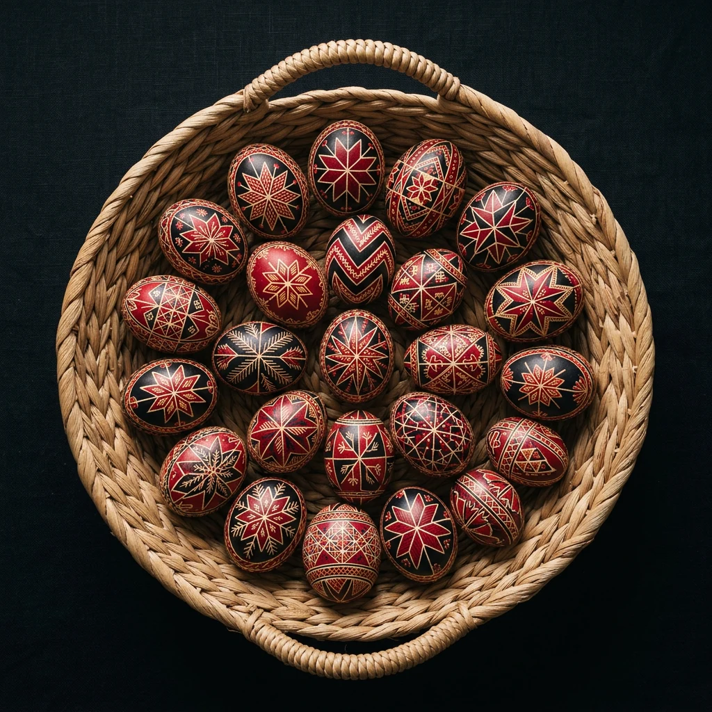 Hagyományosan díszített tojások kosárban